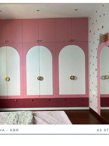 A Dreamy Pink Room Comes to Life: From a playful mood board of pinks and golds to detailed 3D renders, see how we brought this whimsical kid's bedroom to life. The final room, with its arched wardrobe details and integrated study, is a perfect match to the initial vision.