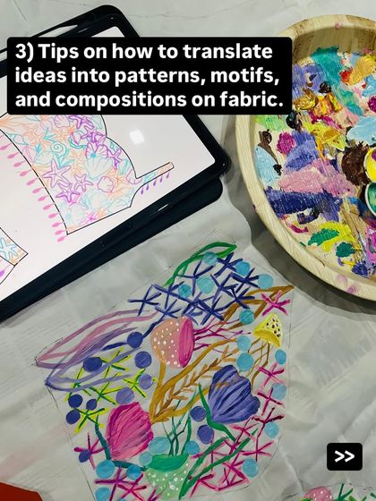 My workshops also cover tips on how to translate your ideas into patterns, motifs, and compositions on fabric. Here you can see a digital sketch next to the painted result.