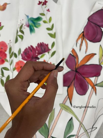 I had so much fun painting these florals. This image shows two different floral patterns side-by-side, one with hummingbirds and another with larger, abstract blossoms.