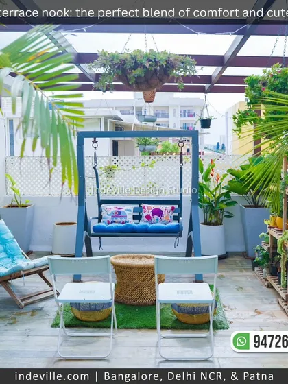 This is how I create a perfect terrace escape. This cozy nook features a comfortable swing under a pergola, surrounded by lush plants, making it an ideal spot to relax and unwind from the city's hustle.