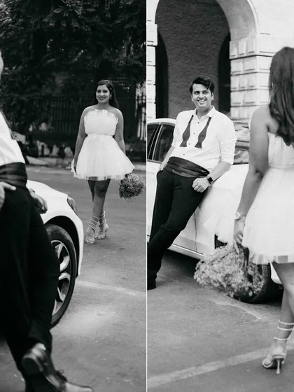 A diptych showing a playful interaction between the couple. This format tells a mini-story of her approaching him, capturing both his anticipation and her joyful arrival.