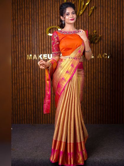Another beautiful drape I styled. The golden saree with a pink border has perfectly uniform pleats, creating a classic and timeless look for any occasion.