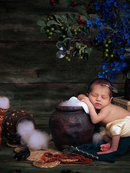 This little one is enjoying a pot of "makhan" (butter), just like baby Krishna. It's a playful and culturally relevant theme that combines tradition with fun.