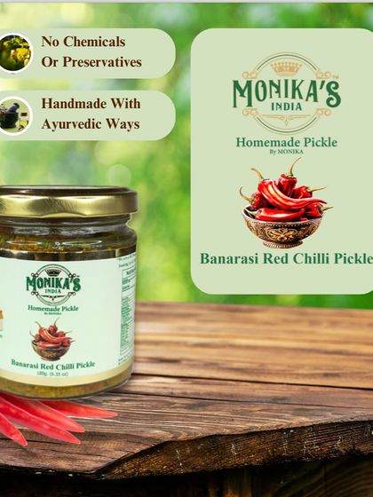 My Banarasi Red Chilli Pickle is handmade using Ayurvedic principles, ensuring that the flavour and nutrients are preserved naturally. There are absolutely no chemicals or artificial preservatives, just pure, spicy goodness.