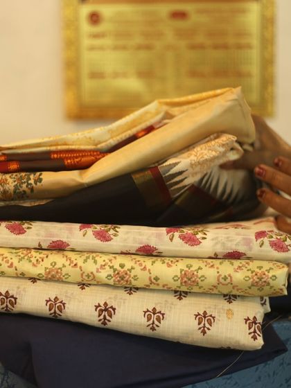 The process of creating custom-printed silk sarees is always a pleasure. We carefully curate blocks that work with the rhythm of the weave and hand-mix each color to complement the saree's woven borders, ensuring every detail is intentional.