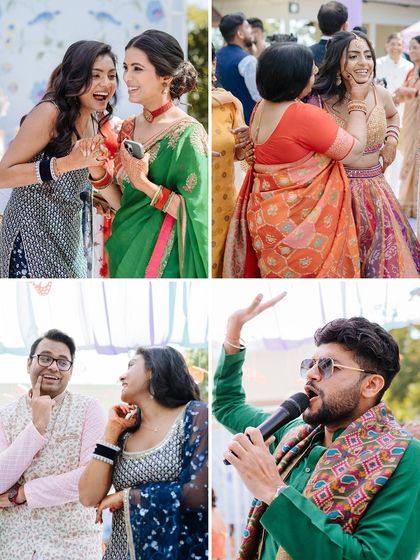 A collage of candid moments showing guests interacting and laughing during the Mehendi celebration.