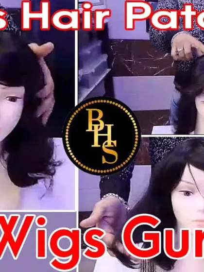 This collage shows the styling process for a ladies' hair patch. We can cut and style the hairpiece to create bangs and layers, giving you a customized look that suits your face.