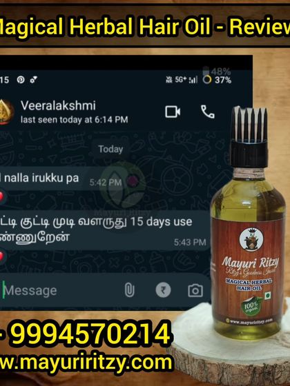 "Kutti kutti mudi valaruthu," this customer says, meaning "Tiny hairs are growing." She noticed new baby hair growth in just 15 days of using the Magical Herbal Hair Oil.