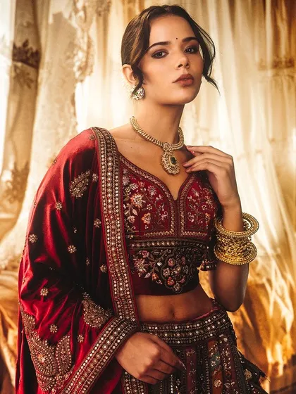 This regal portrait uses a projected palatial room as the backdrop. The lighting is carefully crafted to mimic the warmth of the room, creating a cohesive and luxurious image perfect for bridal or ethnic wear.