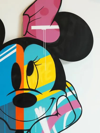 A detailed close-up of the Minnie Mouse 3D piece. I love adding graffiti elements like drips and tags over the character to blend the two styles together.