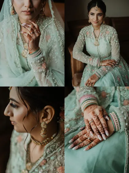 A collage of the bride's details: her intricate outfit, her beautiful henna, her delicate jewelry. We believe every detail is part of the story.