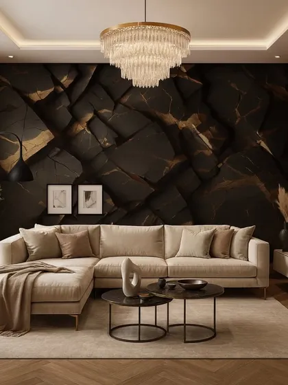 A dark and dramatic 3D wallpaper with a fractured stone effect in black and gold. This design is perfect for creating a moody and luxurious atmosphere.