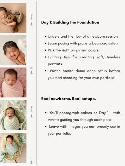 A graphic detailing the curriculum for Day 1 of the 2-day Newborn Bootcamp.