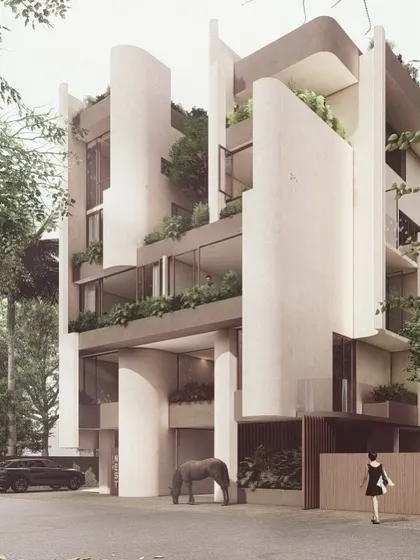 The Nest is our exploration of creating a world within an urban grid. We used soft, curved concrete fins to create recessed vertical gardens and private courtyards, providing shade and passive cooling while sculpting a unique, organic facade.