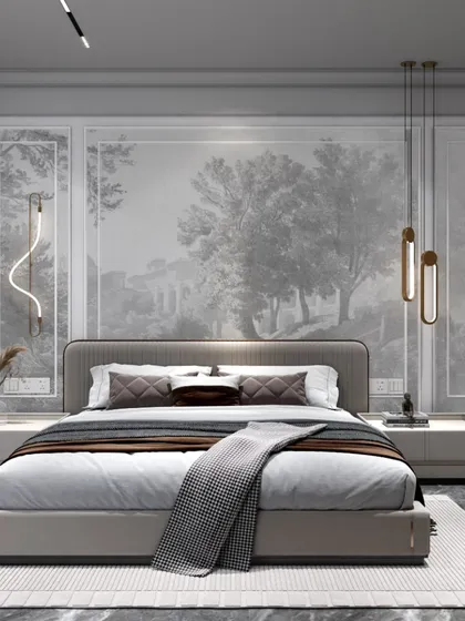 We designed this bedroom to feel like a luxurious retreat, with a stunning landscape mural behind the bed. The monochromatic palette, classic wall molding, and elegant pendant lights create a sophisticated and dreamy atmosphere.