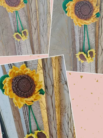 My handmade crochet sunflower curtain ties are a cheerful way to hold back your curtains and let the sunshine in. This collage shows how they add a pop of color and charm to any window.