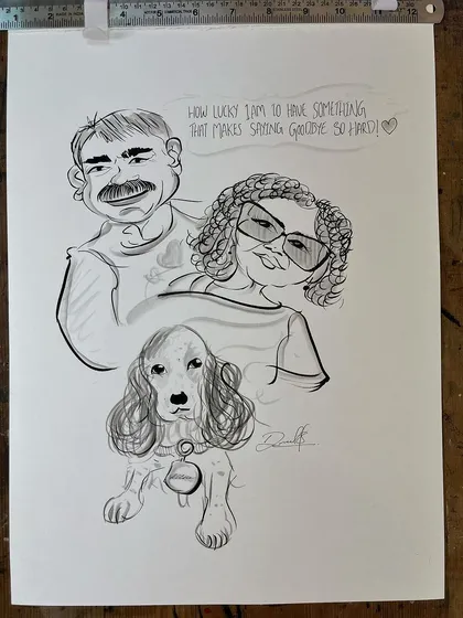 The whole family means pets too. I love drawing your furry friends, and this piece for a couple and their adorable dog was a joy to create.