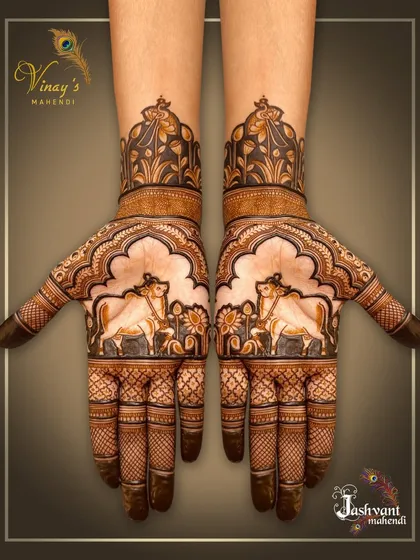 A symmetrical design featuring sacred cows on both palms, with a floral canopy on the wrists. A beautiful and unique choice for any occasion.
