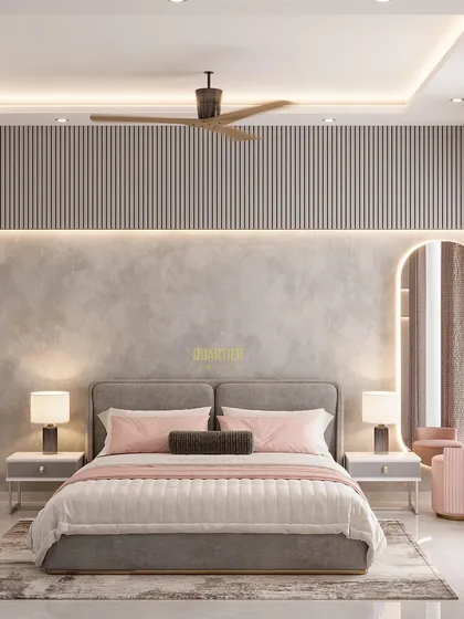 Another view of the ATS Rhapsody master bedroom render, showing the dressing area with an arched mirror. The color palette is soft and serene, creating a peaceful and relaxing environment.