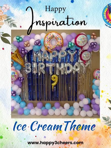 An ice cream theme is a sweet choice for a birthday. This graphic shows an example of a setup I can create, with a donut and ice cream cone foil balloons, a shimmering backdrop, and pastel balloon colors.