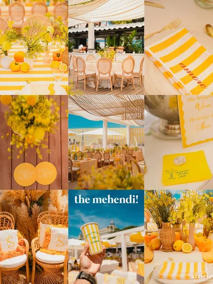 A mood board of details from the Cannes Mehendi, including the custom stationery, striped napkins, citrus accents, and monogrammed pillows.