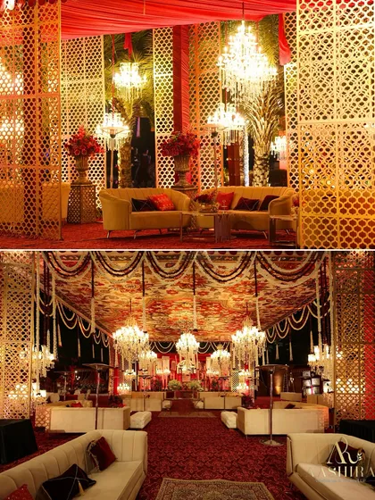 This collage shows the transformation of the space, with a grand view of the seating arrangement under a ceiling of printed fabric and chandeliers, contrasted with a more intimate lounge area.