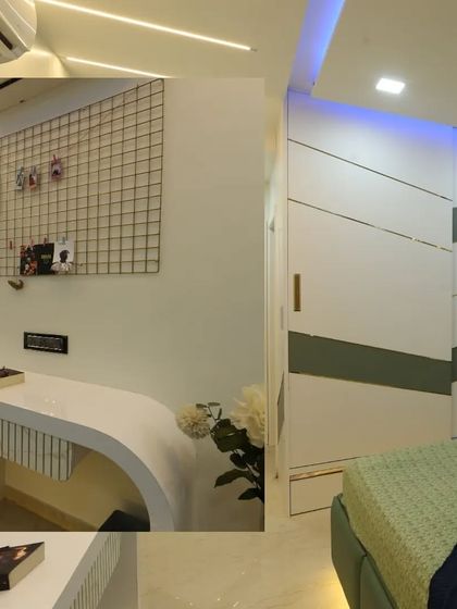 This bedroom includes a sleek, modern study desk with a grid board for notes and photos, seamlessly integrated into the room's design.