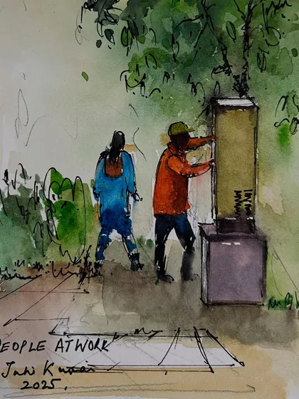 A quick sketch capturing "People at Work," the prompt for the day from Urban Sketchers. These workers were filling a water cooler on a hot day, and I tried to capture the gesture quickly.