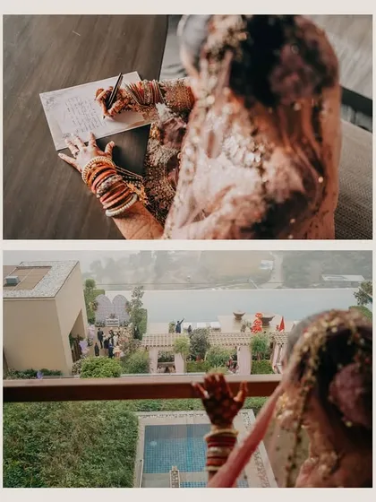 A diptych showing the bride's henna-covered hands as she writes her vows, with a view of the wedding preparations from her balcony. This tells a beautiful story of personal reflection amidst the grand event.