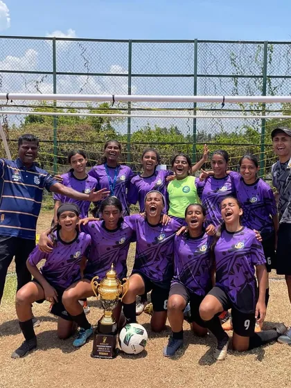 The U17 girls team celebrating their Global Cup 2025 victory in Goa, showing pure excitement and team spirit.