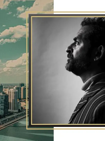 This is a portrait of the incredible artist Karsh Kale that I styled. The focus was on creating a timeless and contemplative look with a striped suit jacket, capturing his artistic depth in a simple, powerful black and white shot.