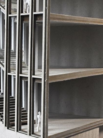 A detailed sectional model, showing the interior spaces and the facade grid. These handmade models are a playground for experimentation, where concepts are refined through touch and feel.