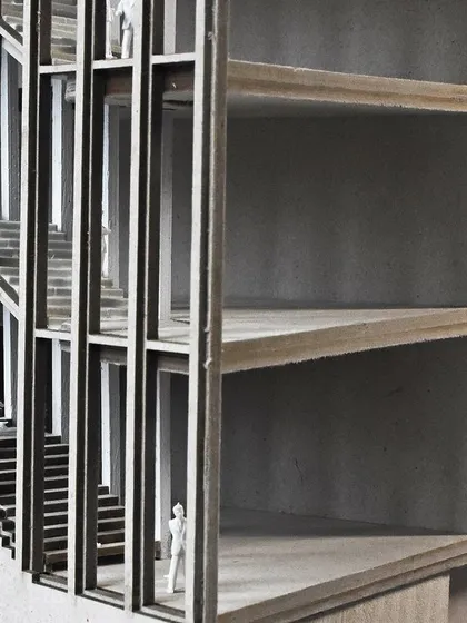 A detailed sectional model, showing the interior spaces and the facade grid. These handmade models are a playground for experimentation, where concepts are refined through touch and feel.