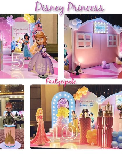 A collage showcasing different elements of a Disney Princess party. I can incorporate various princesses like Sofia the First, Anna, and Rapunzel into one grand celebration, complete with castle props and themed decor.