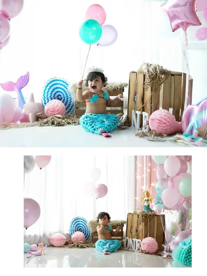 A collage from our mermaid first birthday shoot, showing the full, magical setup. We pay attention to every detail, from the seashell props to the "ONE" sign, to make the theme complete.