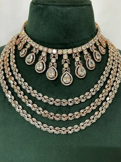 A close-up of a multi-layered American diamond necklace. The different layers add depth and sparkle to this beautiful rental set.
