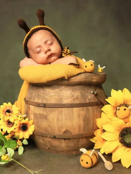 This adorable bumblebee theme shows a sleeping newborn nestled in a honey pot, complete with a bee-themed bonnet. The setup is decorated with bright sunflowers, creating a cheerful and sweet portrait.