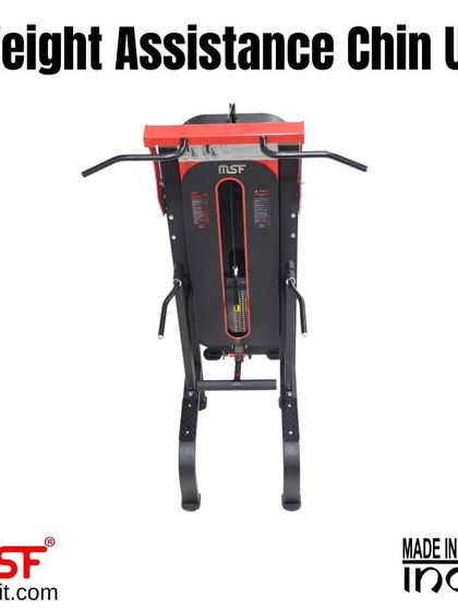 A rear view of the Weight Assistance Chin-Up machine, showing the sleek design of the weight stack cover and the sturdy pull-up bar.