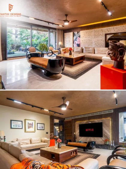 A collage showing different angles of this earthy and artistic living room. You can see how the space connects to the garden, bringing nature indoors.
