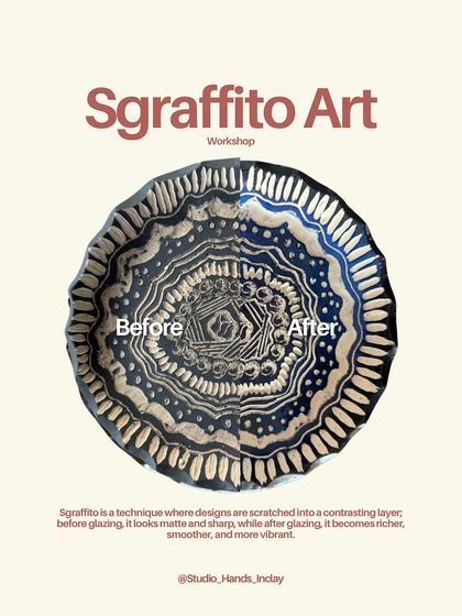 This intricate geometric Sgraffito design really comes to life after glazing, with the colors deepening and the surface becoming smooth.