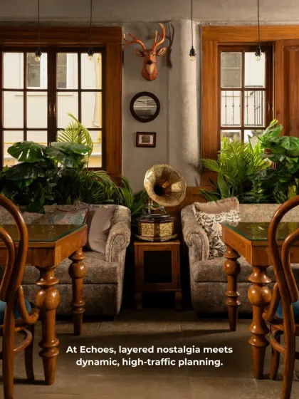 At Echoes, we balanced layered nostalgia with the demands of a high-traffic commercial space. The layout is carefully planned to ensure smooth flow for staff and guests while maintaining a cozy, intimate feel.