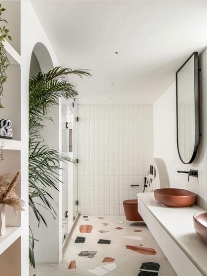 The serene and luxurious master bathroom from the "Marshmallow" penthouse, as featured by FOAID.
