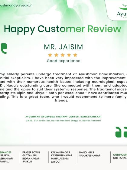 A son shares his positive experience after his elderly parents received treatment at our Banashankari branch. He notes their significant improvement in neurological and other health issues, crediting the doctor's care and the traditional massages from our skilled therapists.