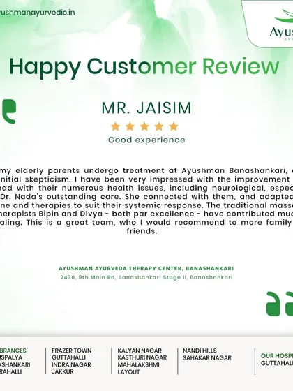 A son shares his positive experience after his elderly parents received treatment at our Banashankari branch. He notes their significant improvement in neurological and other health issues, crediting the doctor's care and the traditional massages from our skilled therapists.