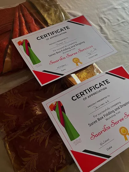 A close-up of the workshop results. You can see the neatness of the box fold on these beautiful silk sarees.