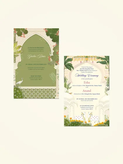 Two festive invitation cards designed for a wedding in Vadodara, Gujarat. I incorporated Pichhwai and other traditional elements, marrying them with details from the event decor to create a cohesive and culturally rich design.