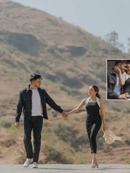 The couple walks hand-in-hand down a road with hills in the background. This image symbolizes the start of their journey together, with a small inset showing a tender close-up.