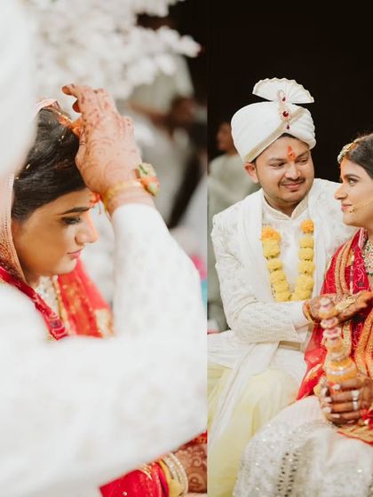 Intimate moments from the ceremony, like the application of sindoor. The all-white floral mandap provided a serene and pure backdrop for these significant and emotional traditions.