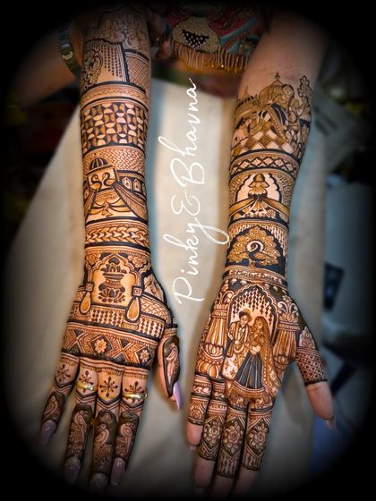 A breathtaking bridal design featuring a couple portrait on one hand and intricate architectural and swan motifs on the other.