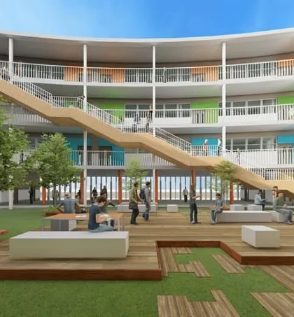This courtyard at JAV Junior College is designed as a dynamic hub for student life. The open, multi-level layout encourages natural movement and social interaction, providing a refreshing outdoor setting for collaboration, learning, and play.